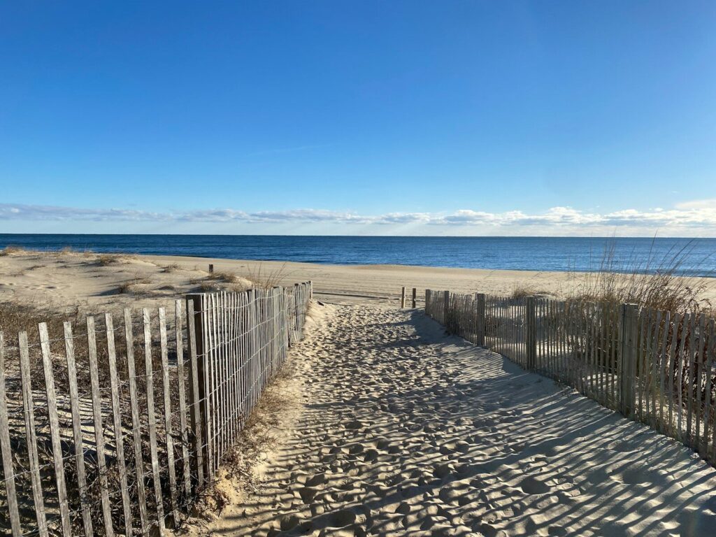 a sandy path leading to the beach with the ocean in the background